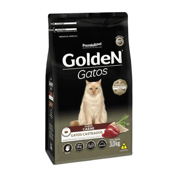 Ração Golden Gatos Castrados Carne - 3 Kg - Imagem 1
