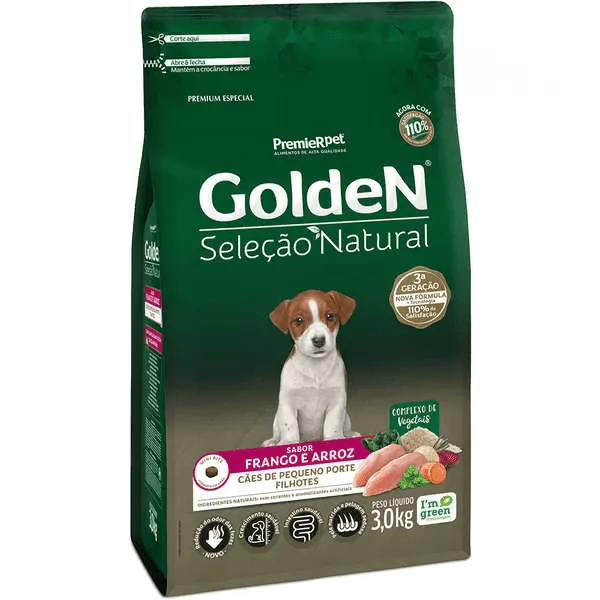 Ração Golden Seleção Natural Cães Filhotes Porte Pequeno Frango e Arroz - 3Kg - Imagem 1