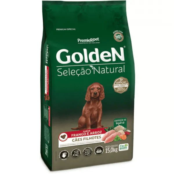Ração Golden Seleção Natural para Cães Filhotes Frango e Arroz - 15Kg