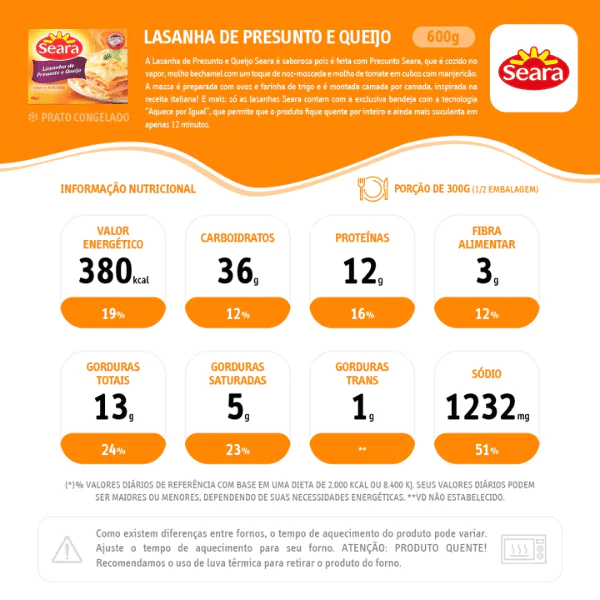 Lasanha Congelada Seara Presunto/Queijo - 600G - Imagem 2