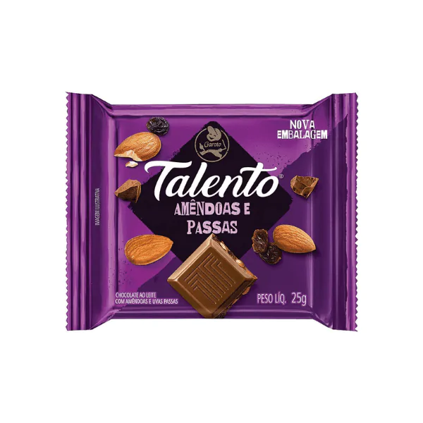 Tablete Chocolate Talento Amêndoas e Passas - 25gr - Imagem 1