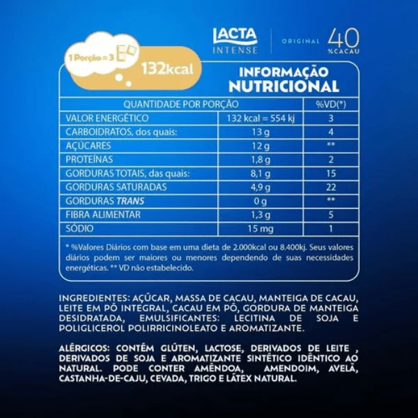 Chocolate Lacta Intense 40% Cacau Original - 85gr - Imagem 3