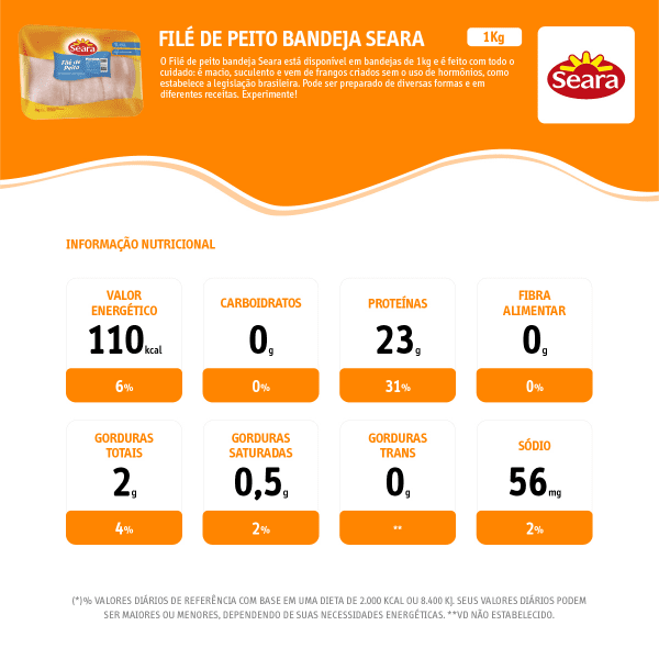 Filé Peito de Frango Congelado Seara Bandeja - 1KG - Imagem 2