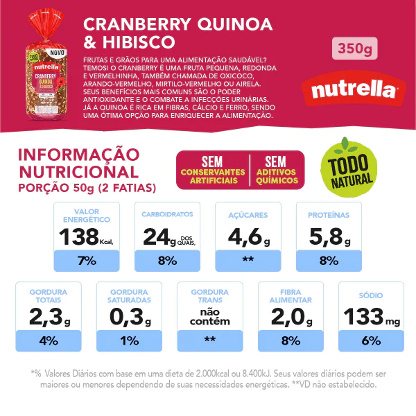 Pão de Forma Nutrella Cramberry Quinoa e Hibisco - 350gr - Imagem 3