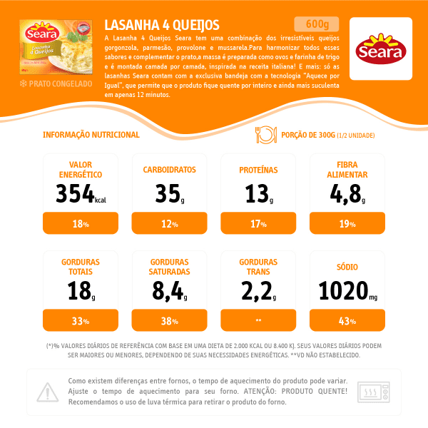 Lasanha Seara 4 Queijos - 600gr - Imagem 2
